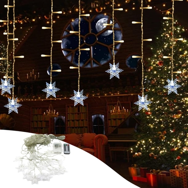 Fiudx Cortina de Luces Navideñas con Copos de Nieve, 16 Led con Diseño de Copos de Nieve, 80 Mini Led para Un Ambiente Festivo, Control Remoto con 8 Modos de Iluminación, Decoración para Fiestas Navi