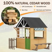 Hommow Outdoor Play House for Kids, Wooden Kids Playhouse with Kitchen Toys, Blackboard,Chalks,Wood Color