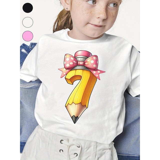 Girls' Pencil alphabet Back to School Short Sleeve Shirt - Cute Cartoon Number 7 & Bow Design, Loose Fit Cotton Tee with Funny animal Sayings, Machine Washable Summer Top for Youth Daily Wear