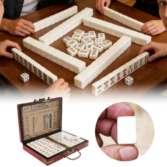 Chinese Mahjong Set, Traditional Majong Sets Chinese with 146PCS 0.87" x 0.59" x 0.43" Mini Mahjong Tiles, 2PCS Dot Dice & 6.7” Wooden Carry Case for Travel, Family Gathering, Party