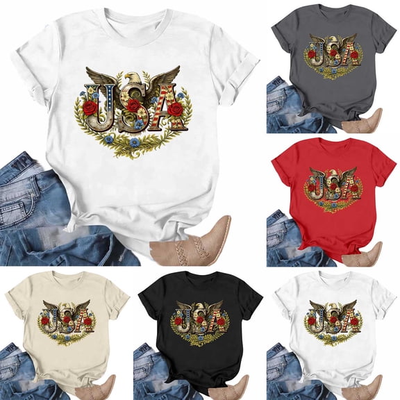 Goodtrade8 Short Sleeve Shirts for Women USA Years Anniversary 4th of July Pullover Red White and Blue Graphic Summer American Flag Fashion Independence Day Womens Shirts Crew Neck