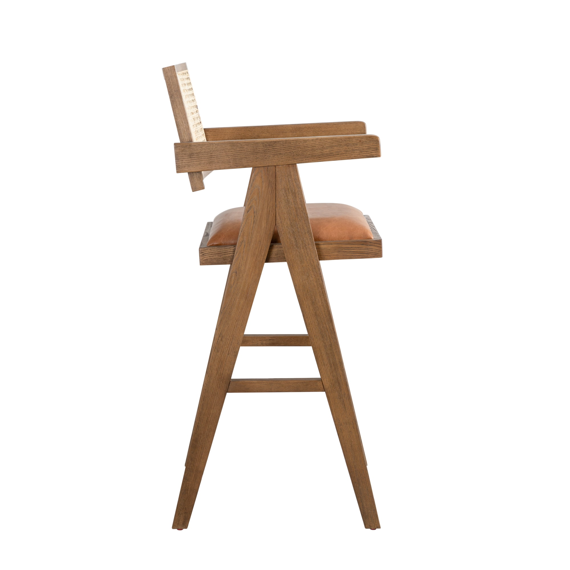 Harley Nutmeg Brown Solid Wood and Rattan Upholstered 30" Bar Height Barstool with Red/Brown Faux Leather Seat - Set of 4