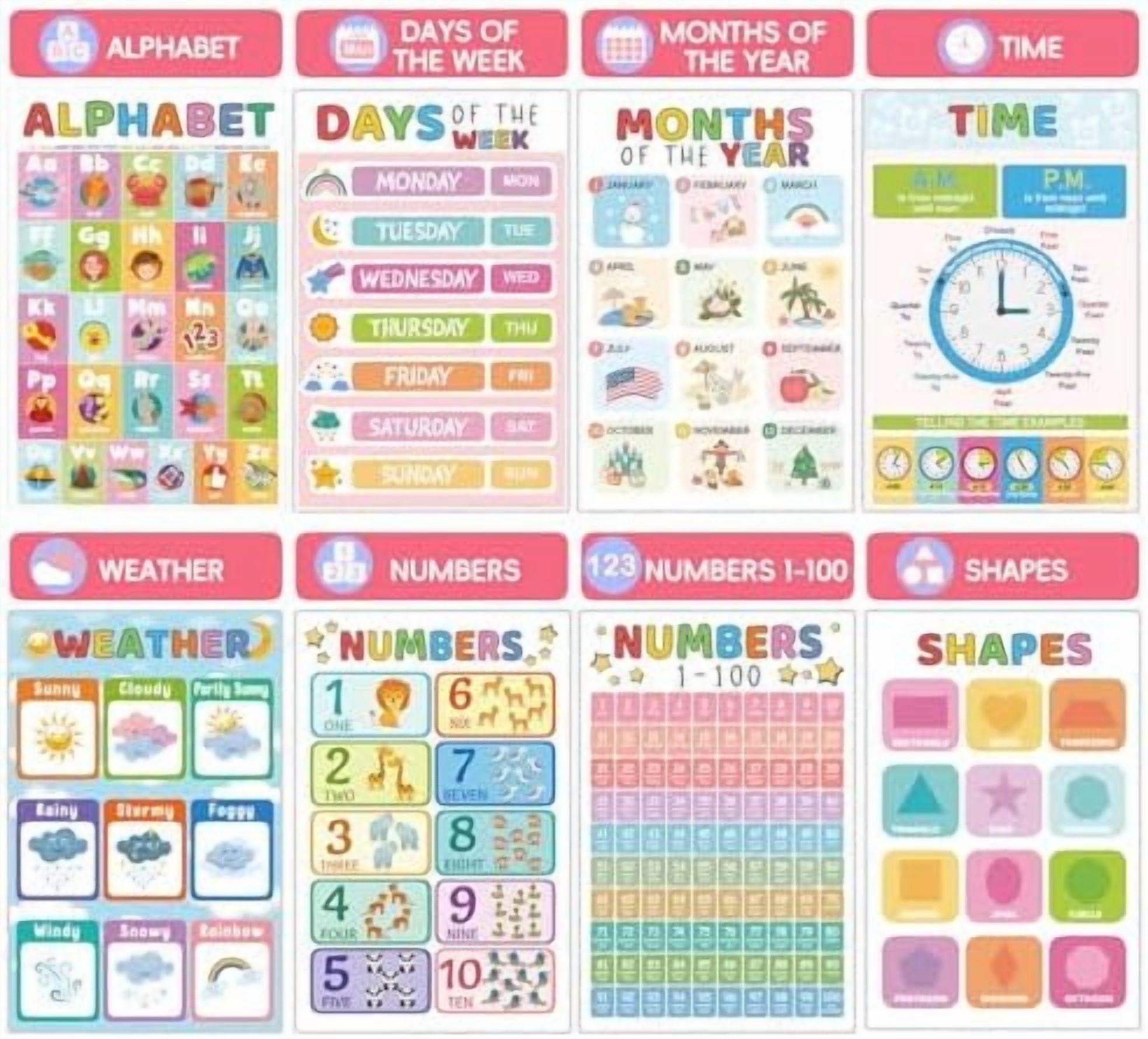 16 Educational Posters for Toddlers 1-3, Laminated Classroom Learning Posters for Kids 3-5, Kindergarten Classroom Must Haves, Preschool Homeschool Supplier Materials Alphabet Number Chart Classr