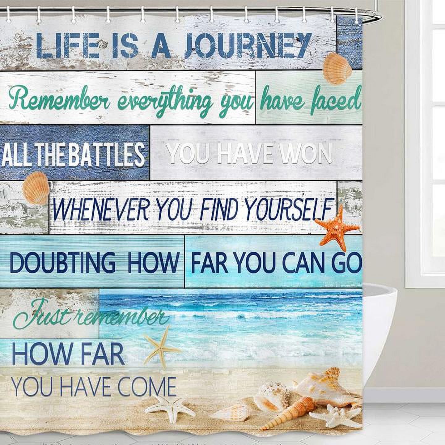 Beach Shower Curtain, Nautical Starfish Seashell Bathroom Curtain, Rustic Vintage Wood Ocean Quote Words Fabric Shower Curtain Set, Coastal Theme Waterproof Bathroom Decor