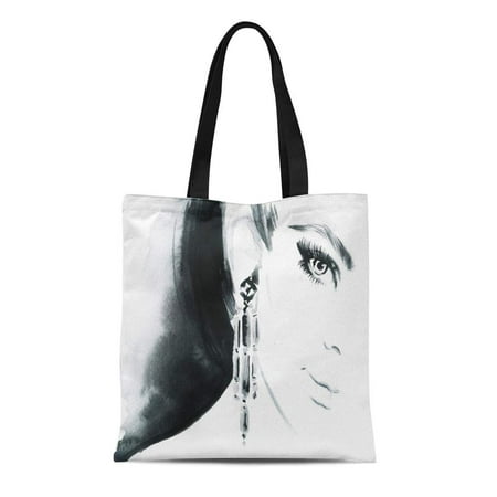 ASHLEIGH Canvas Tote Bag Watercolor Beautiful Woman Face Jewelry and Beauty Hairstyle Adult Reusable Shoulder Grocery Shopping Bags (Best Hairstyle For Slim Face Boy)