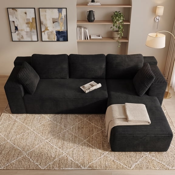 Modular Sectional Boneless L-Shaped Couch for Living Room, 105" Cloud Corduroy Sofa with Deep Seat, Oversized Right Facing Chaise No Assembly Required, Black
