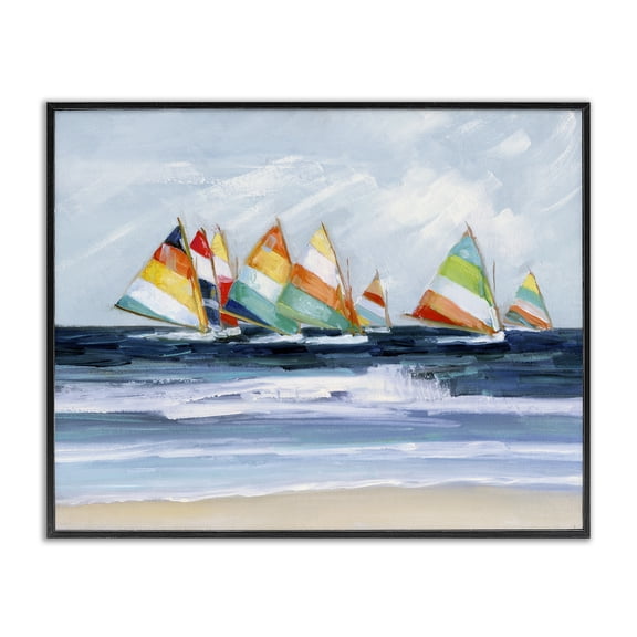Stupell Industries Coastal Shoreline Sailboat Race Striped Sails Coastal Black Framed Giclee Art, 14 x 11, by Sally Swatland