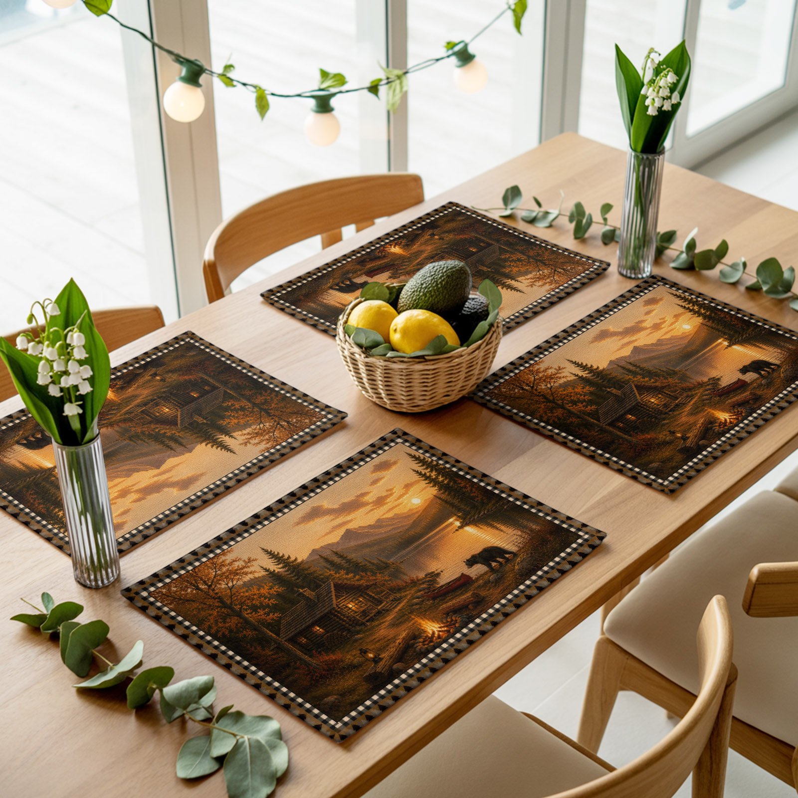 Rustic Cabin Fall Tree Bear Placemats Set of 4,Wipeable Washable Table Mats for Dining Tables, Farmhouse Autumn Sunset Landscape Place Mats for Kitchen Event Party Tabletop Decor