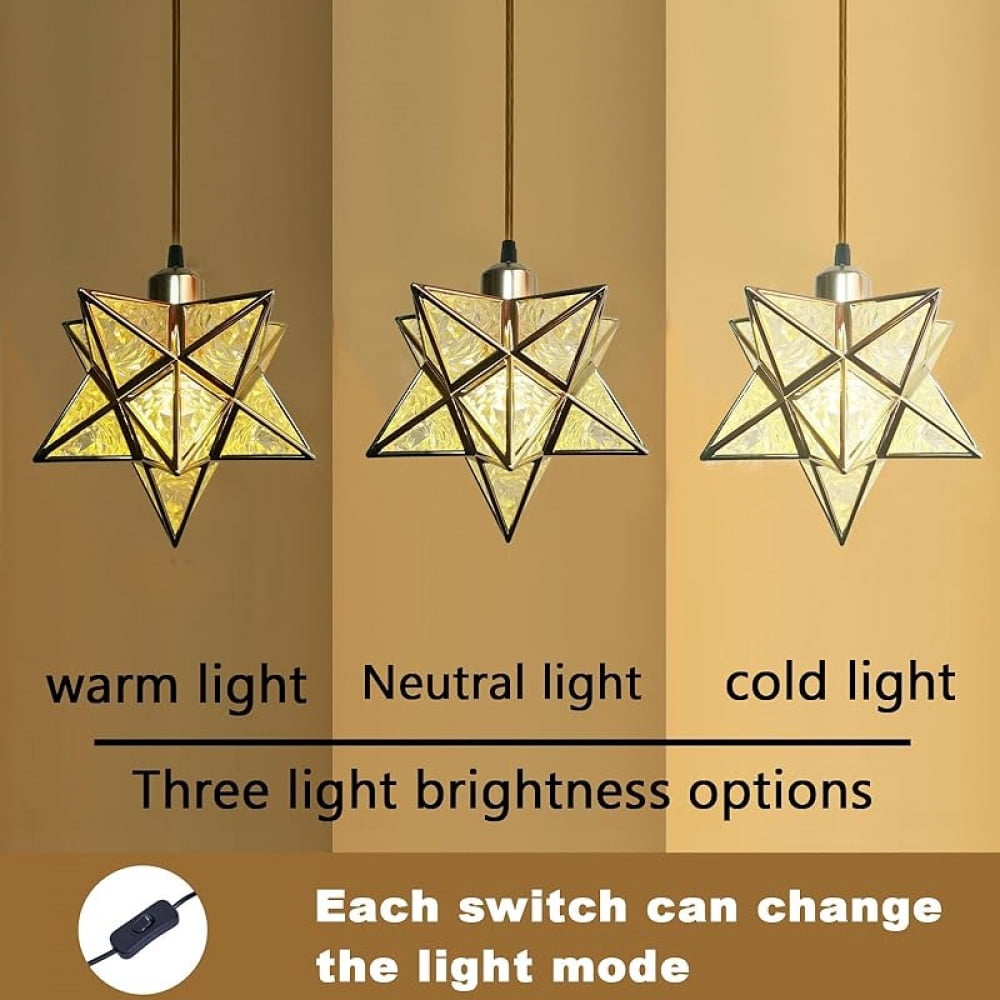 Gold Farmhouse Pendant Lights Kitchen Island,Indoor Plug in Hanging Light Fixture with 16.5ft Cord and Switch,Moravian Star Lights for Bedroom Hallway Porch Etc(LED Bulb Include)