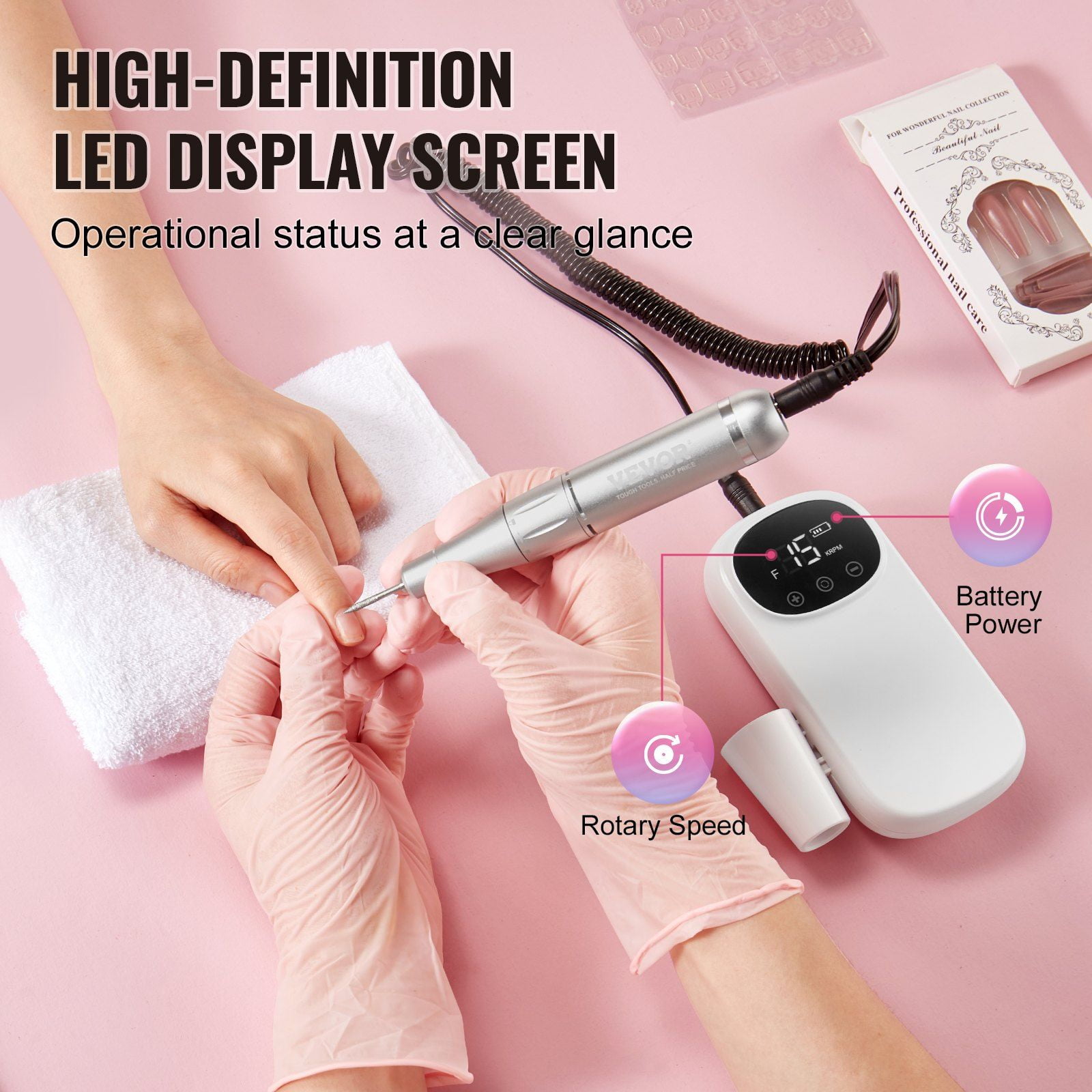 Electric Rechargeable Nail Drill 35000RPM Portable Cordless Nail File Machine with LCD Display 6 Bits 50 Sanding Bands for Manicure Pedicure