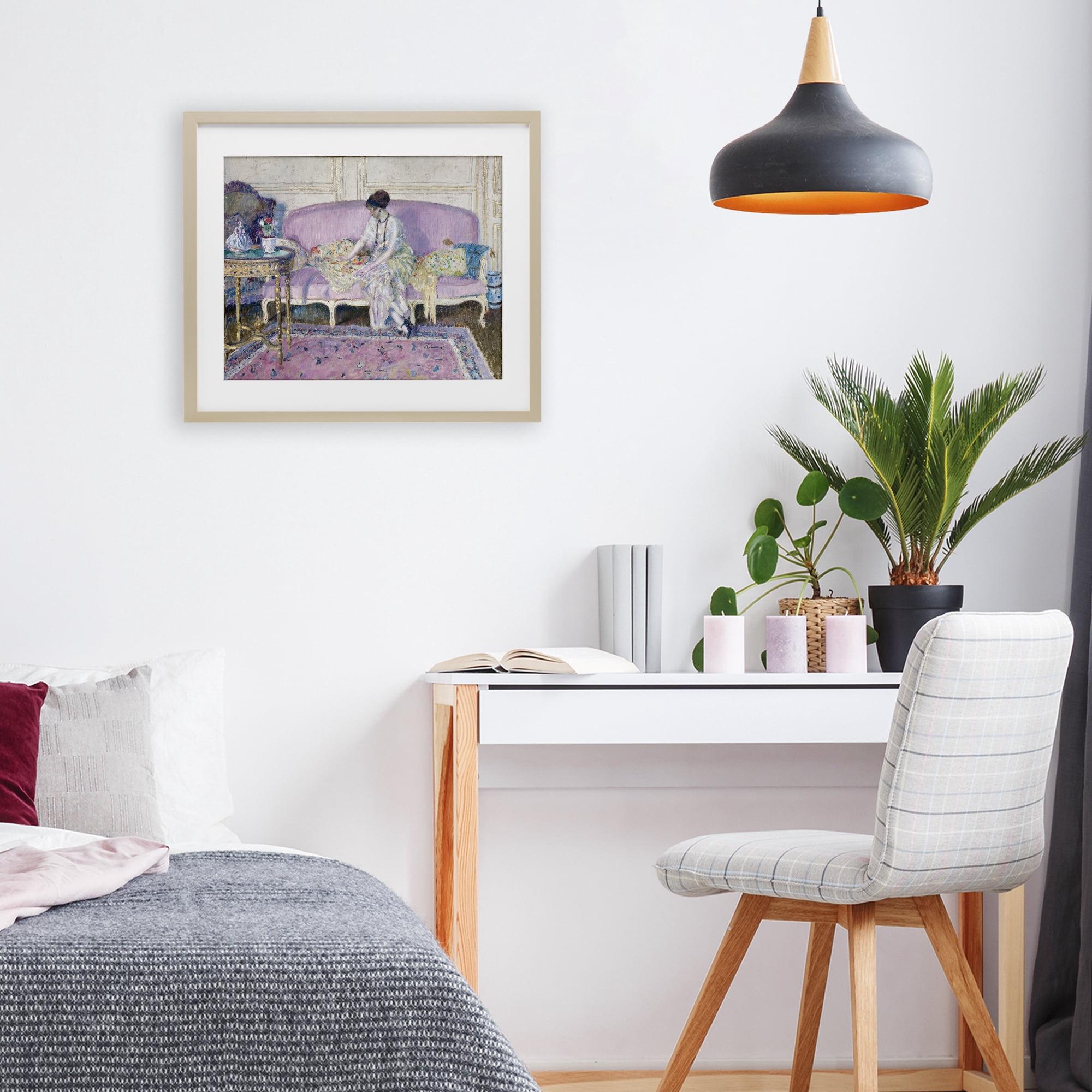 Woman Seated on Sofa Birch Framed Print Under Glass, design by Wild Apple Portfolio