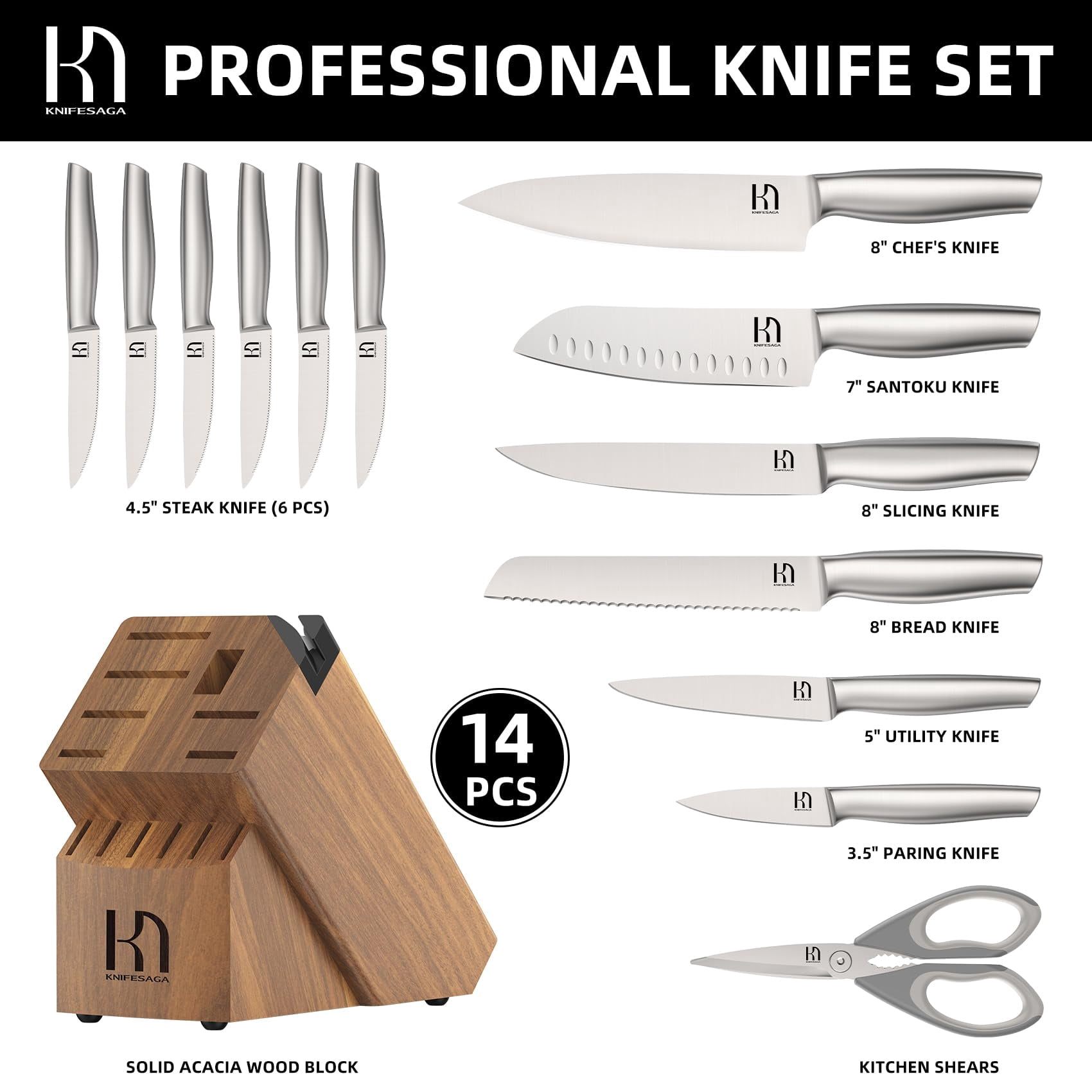 Kitchen Knife Set 14 Piece Premium Japanese High Carbon Stainless Steel Knife Block Sets with Built-in Sharpener, Razor Sharp Knives Set for Kitchen, Quality Acacia Wood Block Knife Set