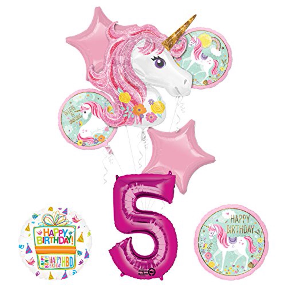 Unicorn Party Supplies "Believe In Unicorns" 5th Birthday Balloon