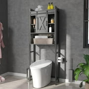 Farmhouse Over The Toilet Storage With Sliding Barn Door, Freestanding Bathroom Organizer Over Toilet Storage Cabinet With Adjustable Shelf, Metal Frame Space Saver Toilet Stands, Grey