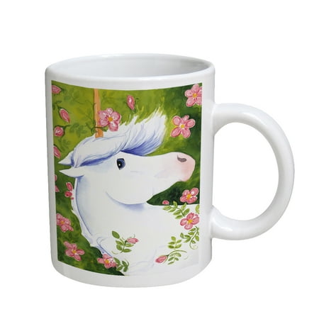 11 Ounce Pink Mug KuzmarK Coffee Cup Mug 11 Ounce - Blue-Eyed Unicorn with Pink Roses Art by Denise Every ()