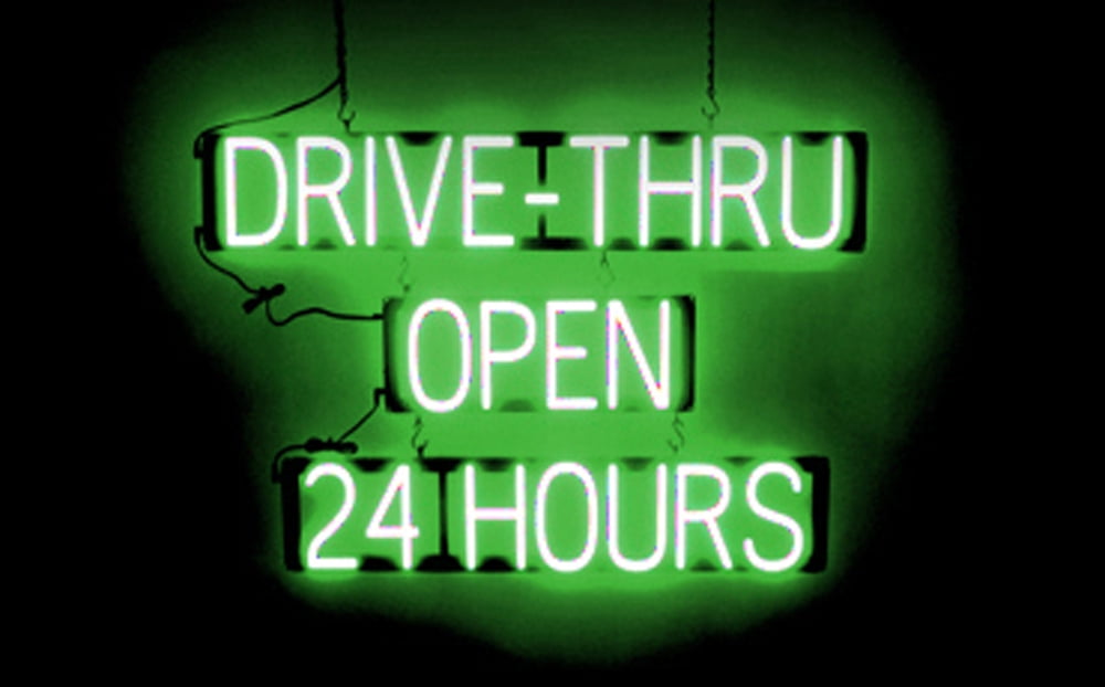 SpellBrite DRIVETHRU OPEN 24 HOURS LED Sign for Business. 35.1" x 23.8" Green DRIVETHRU OPEN