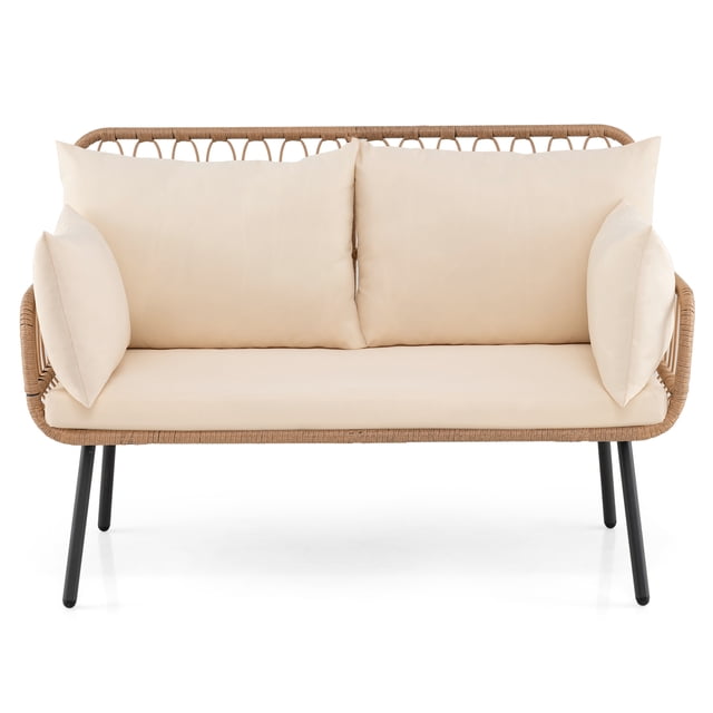 Costway Outdoor 2-Seater Sofa with Pillows, Cushions, Metal Frame & Adjustable Foot Pads Natural & Off White