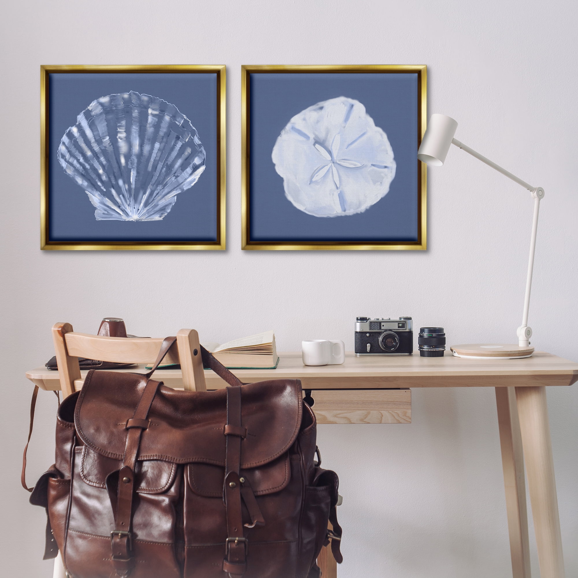 Stupell Industries Denim Sand Dollar & Scallop Nautical & Beach Painting Gold Floater Framed Canvas Art Print Wall Art, 25 x 25, Set of 2