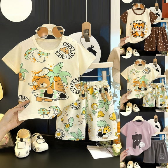 Faraee Toddler Pajamas Baby Boys Girls Cotton 2 Piece Cute Summer Sleepwear Short Sleeve Kids Clothes Loose Fit PJs Outfit (2-3 Years,Beige)