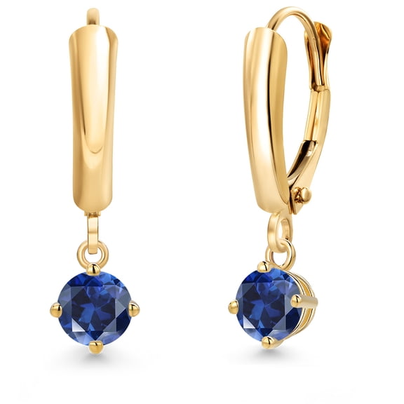 Gem Stone King 14K Yellow Gold Blue Created Sapphire Dangle Earrings for Women | 0.70 Cttw | Gemstone September Birthstone | Round 4.5MM