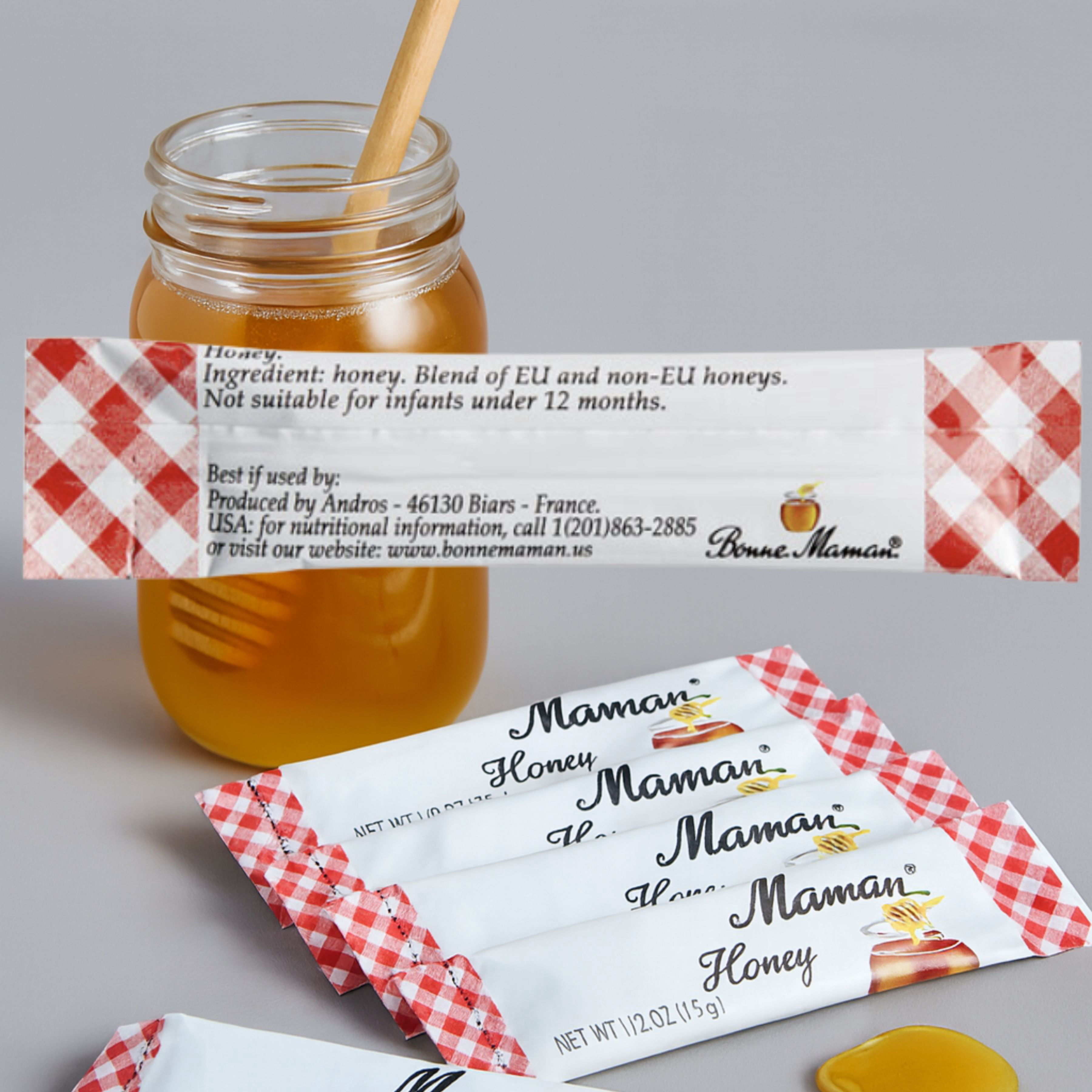 Bonne Maman Honey Sticks deliver natural sweetness in convenient portion packs. Each 0.5 oz stick is perfect for tea, coffee, oatmeal, pancakes, travel, and restaurants.