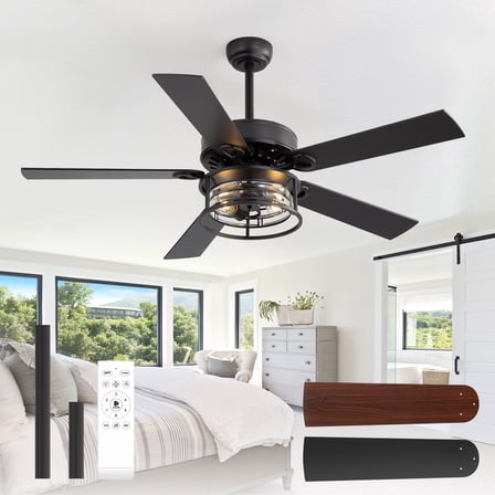 ALKAFY 52 inch Matte Black Traditional Ceiling Fan with Light - Remote, for Bedroom/Living Room/Kitchen
