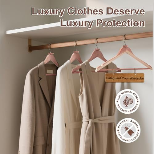 Cedar Hangers for Closet 20 Pack, Smooth Cedar Wood Hangers with Rings, 360° Swivel Hook, U-Shape Notched, Non Slip Pant Bar, Sturdy Wooden Clothes Hanger for Coats, Dresses, Suits