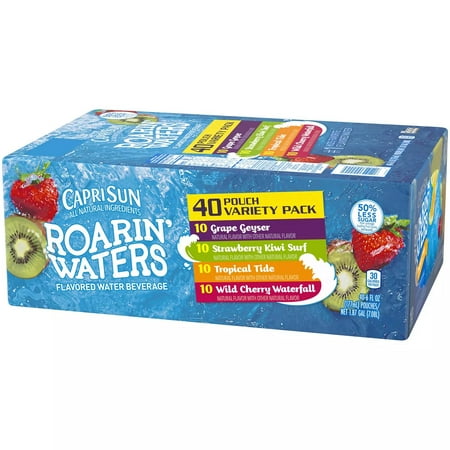 Capri Sun Roarin Waters Grape Geyser Strawberry Kiwi Surf Tropical Tide & Wild Cherry Waterfall Naturally Flavored Water Beverage Variety Pack 40 ct Box 6 fl oz Pouches Capri Sun Roarin Waters Grape Geyser Strawberry Kiwi Surf Tropical Tide & Wild Cherry Waterfall Naturally Flavored Water Beverage Variety Pack 40 ct Box 6 fl oz Pouches