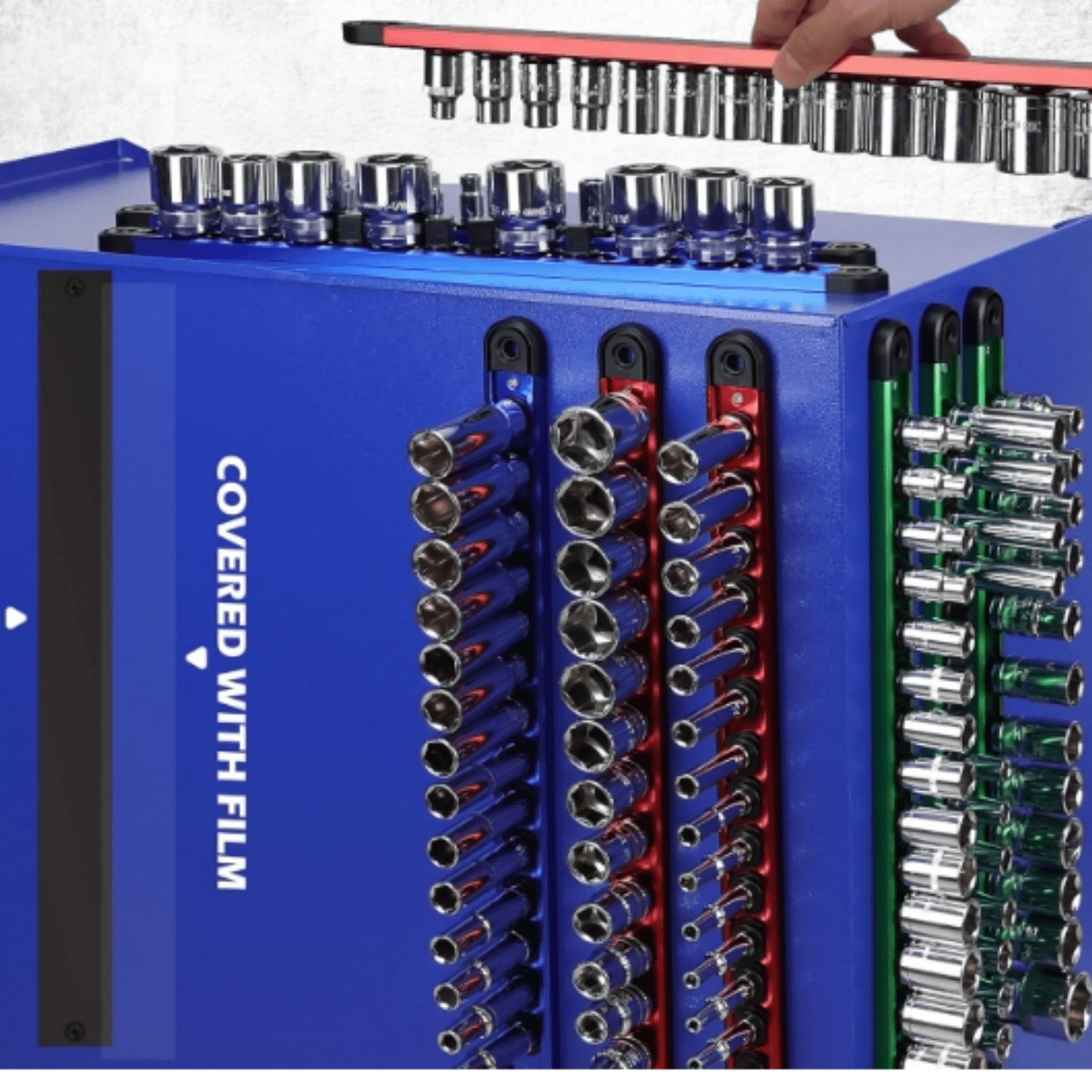 Magnetic Socket Holder Organizer Set: 9-Piece Detachable 1/4, 3/8, 1/2 Socket Trays Socket Organizer for Tool Box Drawer Holds 120-Piece Standard Size Sockets for Automotive Garage(Blue Red Green)