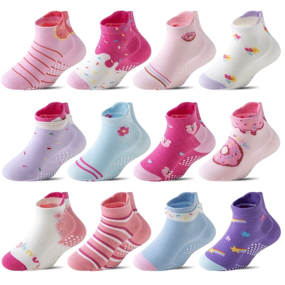 12 Pairs Baby Girls Grips Ankle Socks Kids Toddlers Infants Anti Slip Non Skid Funny Cartoon Crew Breathable Cotton Socks
