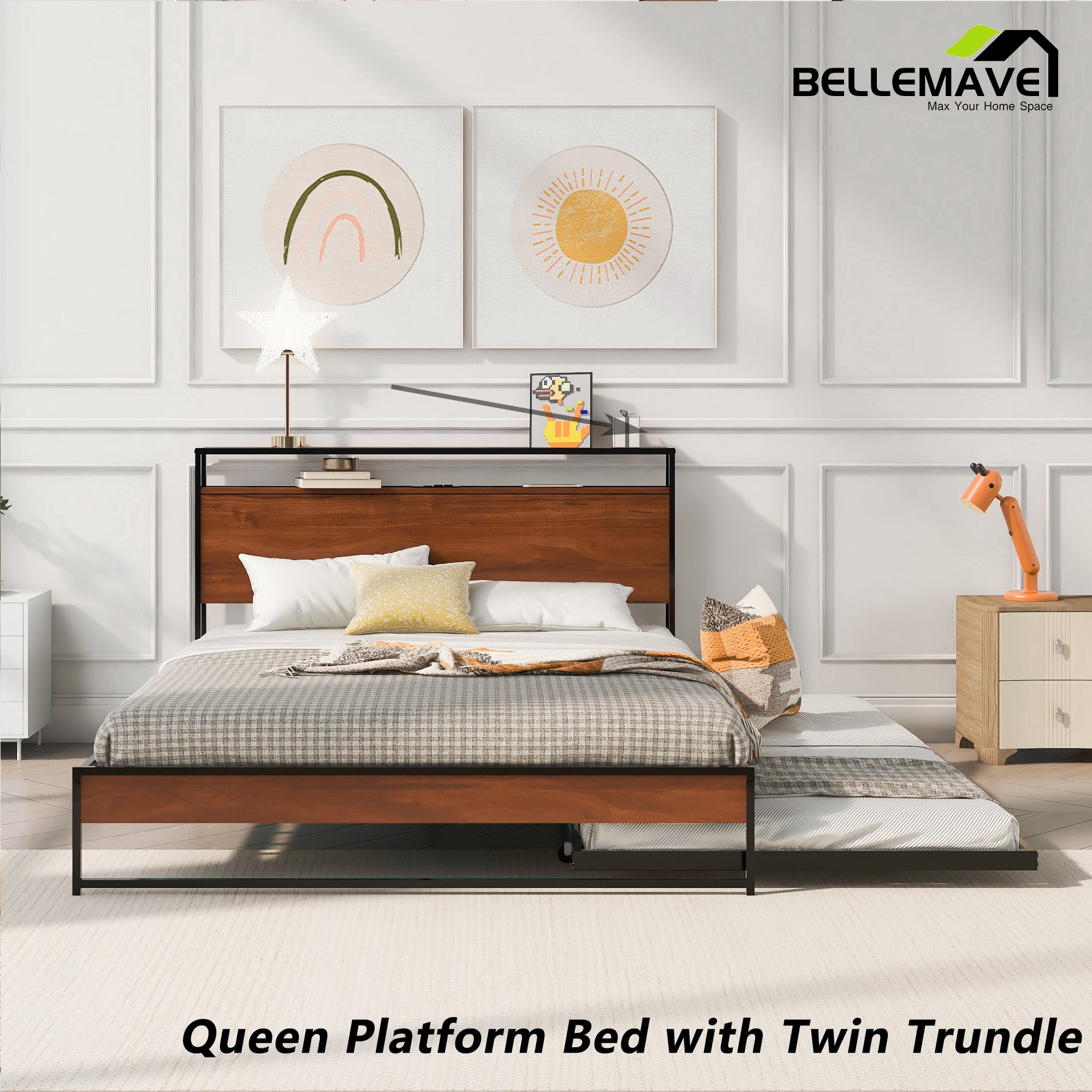 Bellemave Queen Platform Bed Frame with Twin Size Trundle, Usb Ports and Storage Shelf, Metal Queen Bed Frame with Headboard, Noise-Free, No Box Spring Needed(Black)