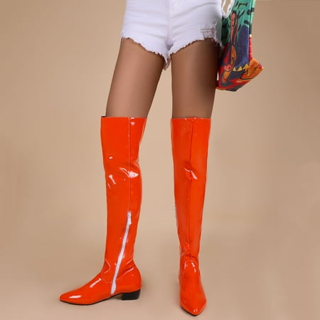 

Fall/Winter Candy Low Heel Patent Leather Side Zip Tall Over-the-Knee Boots