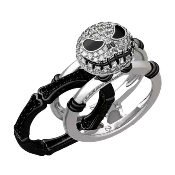 NBC Jack Skellington 3 Piece Rhinestone Silvertone Band Ring Set Size 6