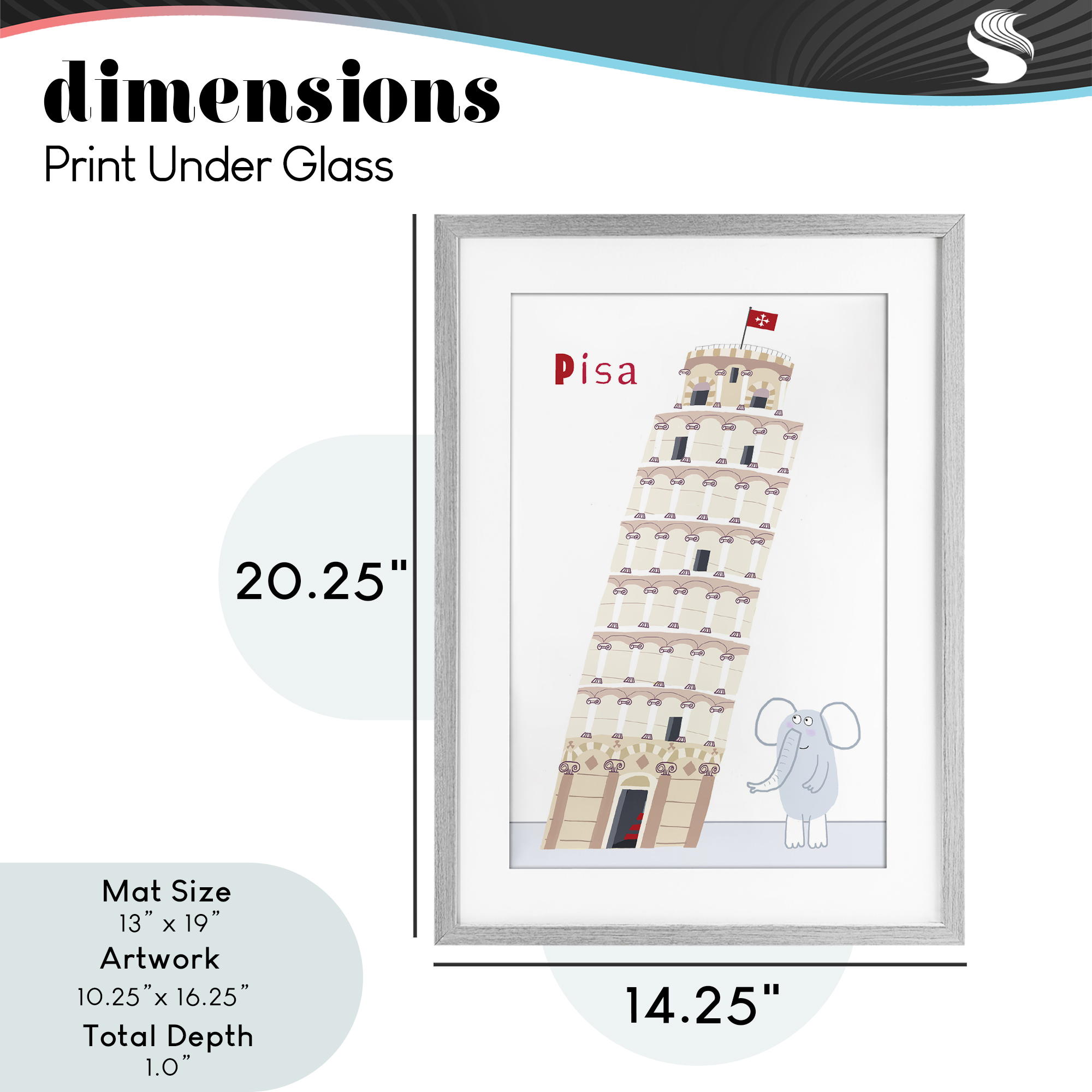Elephant & Leaning Tower Pisa Gray Framed Print Under Glass, design by Carla Daly