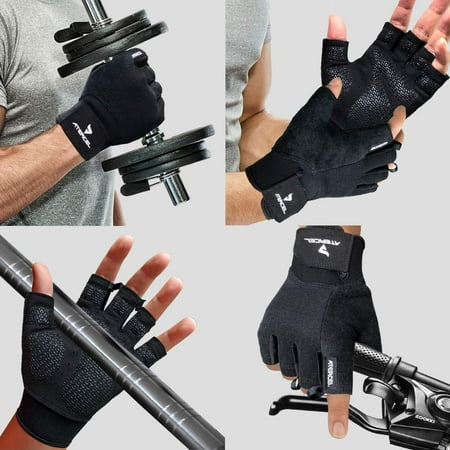 ATERCEL Anti-Slip Ventilated Men and Women Half Finger Fabric Black Weight Lifting Gloves, M