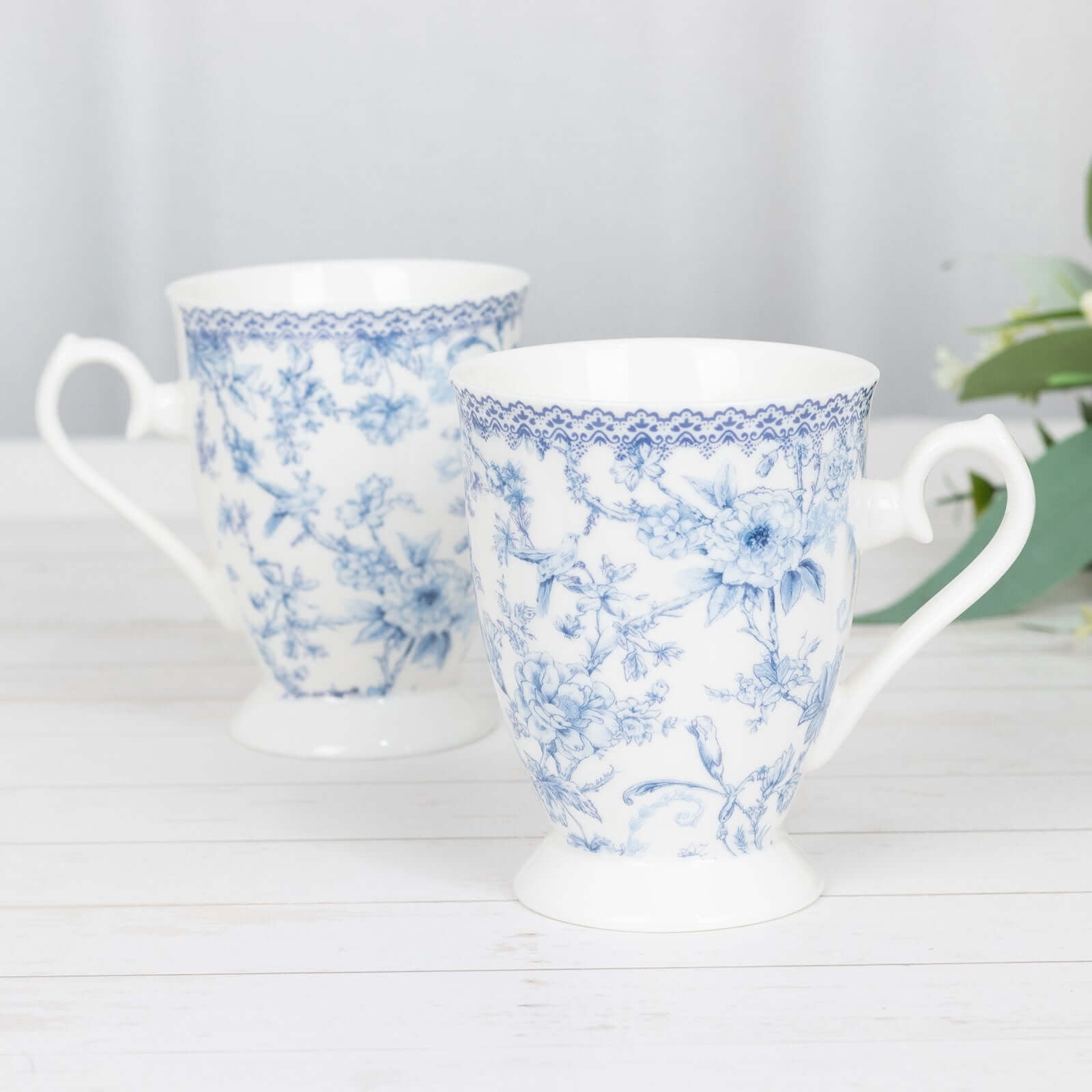 Efavormart 2 Pack White Blue Chinoiserie Porcelain Coffee Mugs With Gift Box and Satin Ribbon Handle, Bridal Shower Gift Set