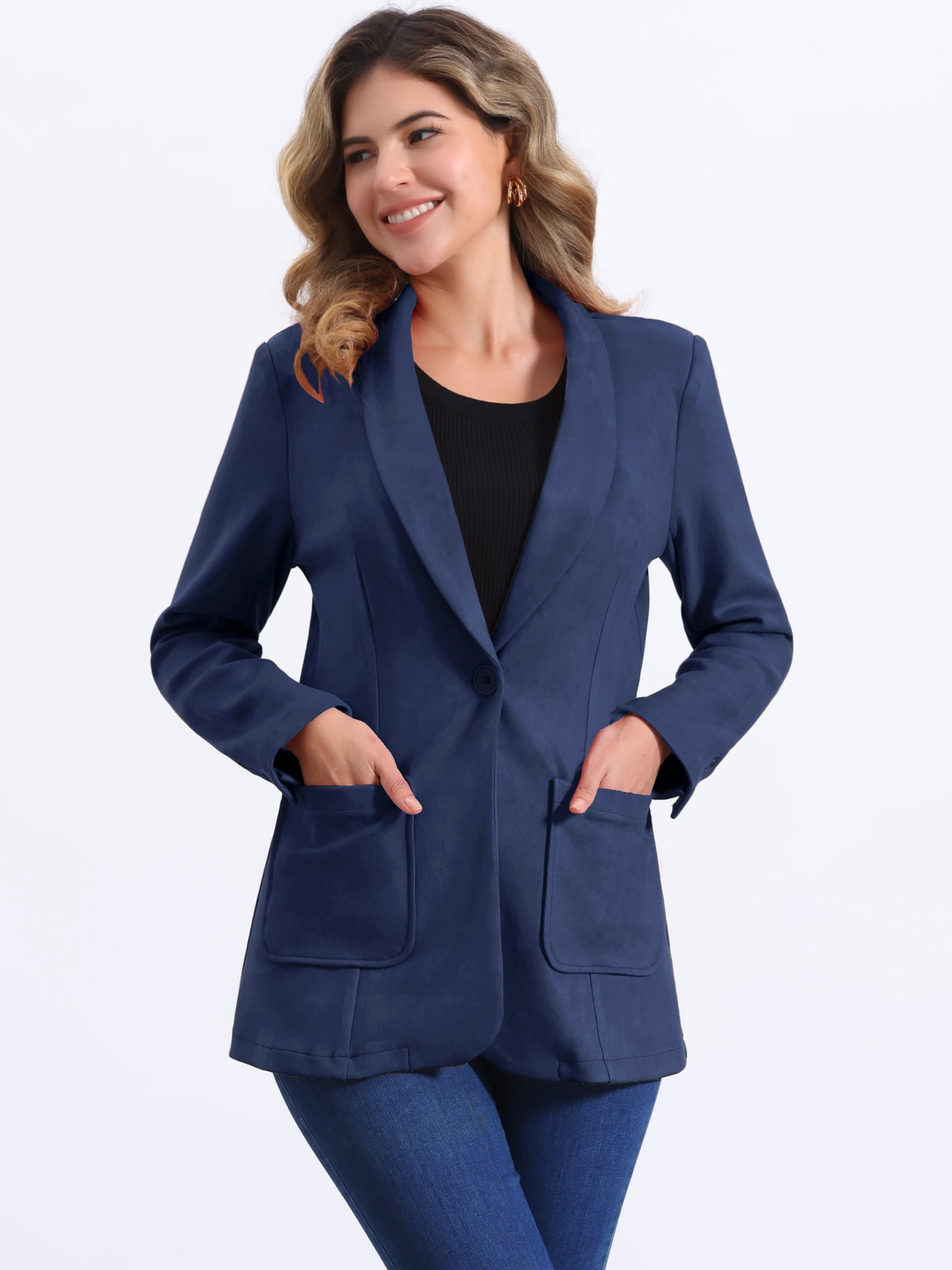 DARING DIVA Women's Faux Suede Lapel Collar One Button Dressy Suit Jacket M Navy Blue