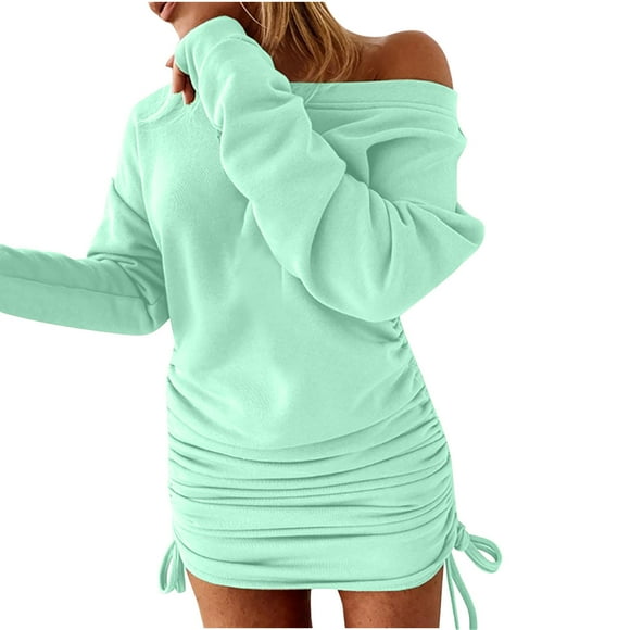 Ersazi Engagement Dresses for Women on Clearance Women's Sexy Solid Color Drawstring Pleated Long Sleeve Dress Green S