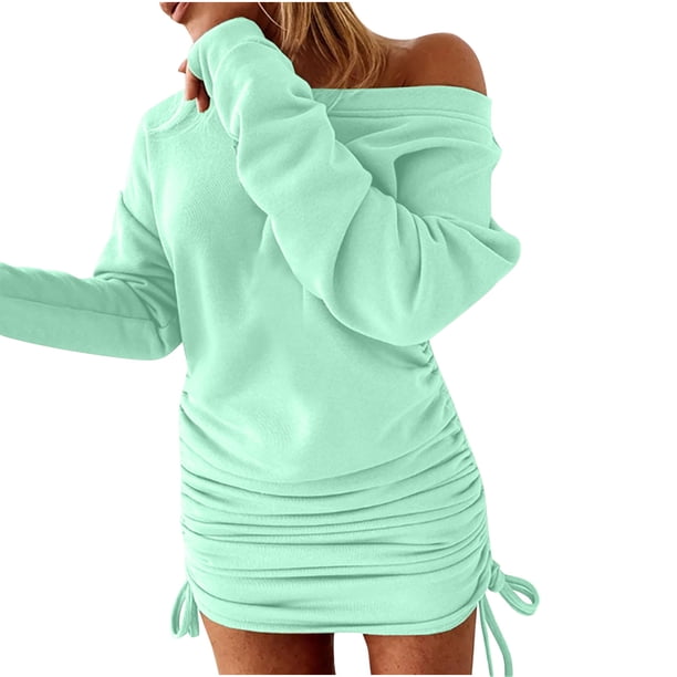 Vestido de manga larga plisado con cordón de color sólido sexy para mujer Fridja nbo68