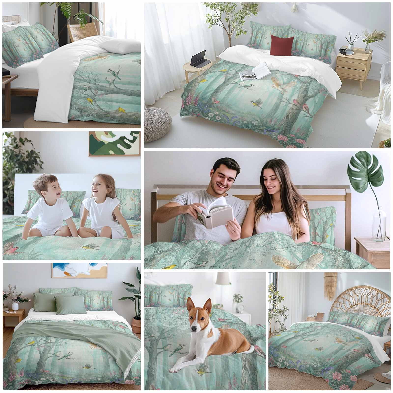 Watercolor Forest Birds Bedding 3 Piece Duvet Cover Set Full Size, Green Trees Seasonal Floral Soft Microfiber Comforter Cover with Zipper Closure & Pillowcases, Wrinkle & FadeResistant Quilt Cover
