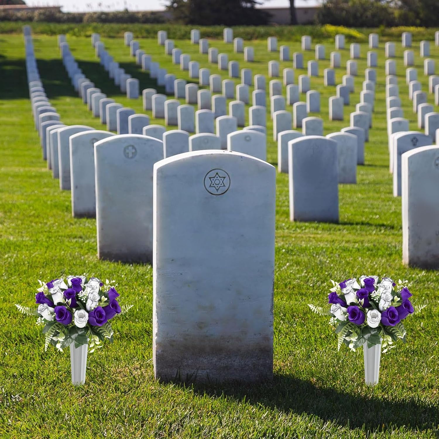 2Pcs Artificial Cemetery Flowers with Vase for Grave Silk Memorial Rose Flowers Outdoor Grave Flowers for Grave Vase Cemetery Flower Arrangements, Blue & White