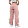 thumbnail image 4 of Lenpel Women's Wide Leg Cargo Pants Elastic High Waisted Drawstring Hiking Travel Pants Athletic Casual Trousers with Pockets(Pink,Small), 4 of 7