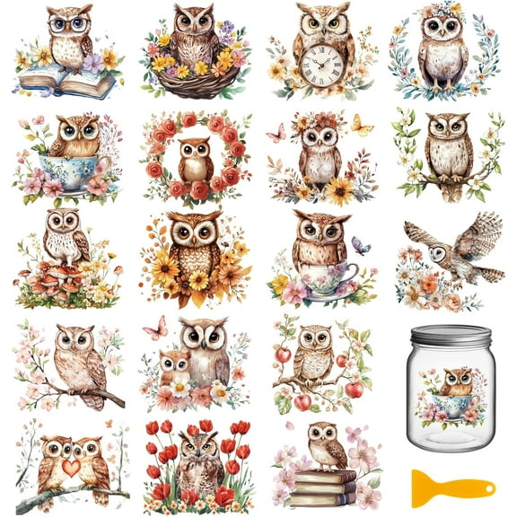 18 Sheets Owl and Flowers Transfer Stickers 3.9x3.6inch Mushrooms Decals Stickers Butterflies Rub on Transfer for Furniture Vase Glass Mason Jar Decorations Art Crafts