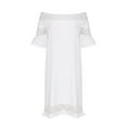 thumbnail image 4 of CHOK Robe Épaules Dénudées pour Femmes Couleur Unie Coton Lin Nœud devant Ourlet à Volants Manches Courtes Robes d'Été Blanches Taille m, 4 of 6