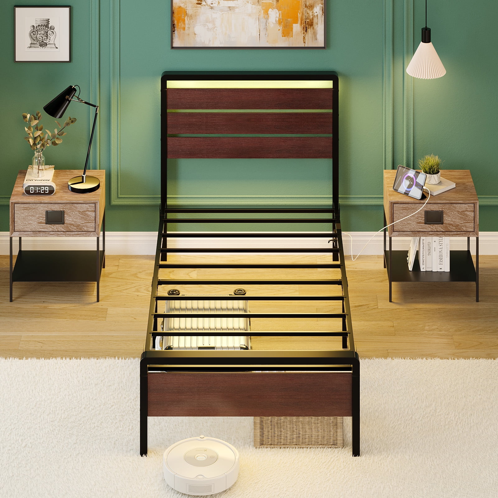 Ktaxon Twin Size Bed Frame with LED Headboard & Footboard, Metal Platform Bed with Charging Station, Rustic Red Brown