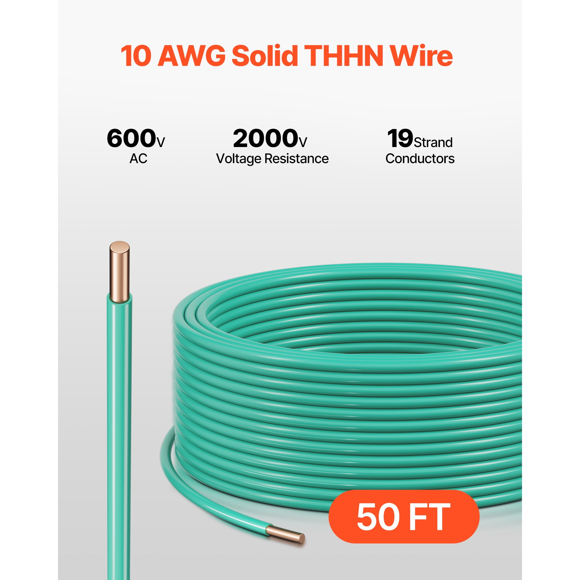 KFFKFF 10 AWG Solid THHN Wire, Pure Copper Electrical Wire with Durable Nylon Jacket and PVC Insulation, Rated for 600 Volts, Suitable for Residential, Industrial, and Commercial Use, Green (50 Feet)