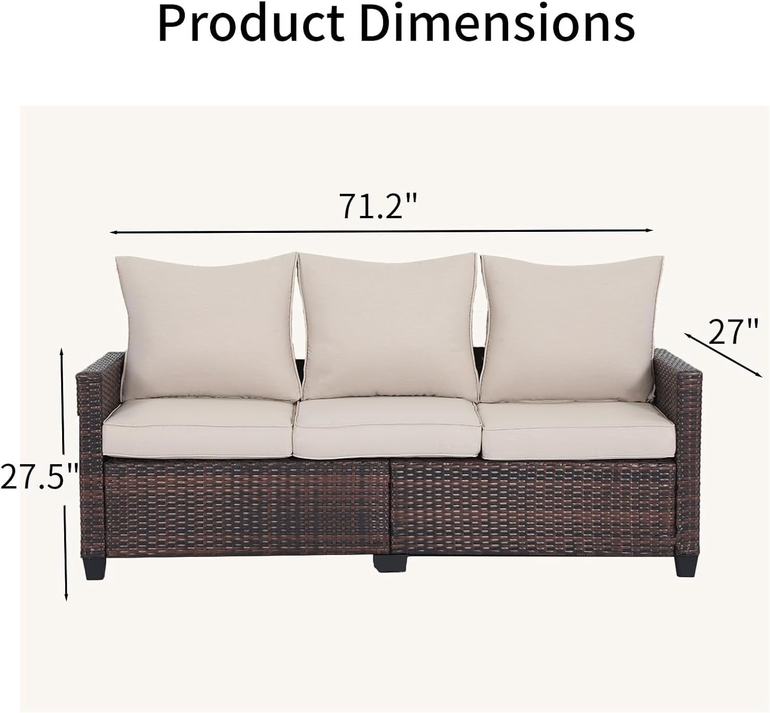 EortheX Outdoor Patio Sofa, 3-Seat Rattan Wicker Couch for Garden Deck or Porch, Comfortable All-Weather Patio Furniture with Anti-Slip Cushions (Beige)