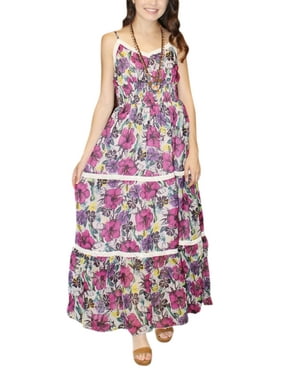 Mogul Pink Floral Maxi Dress Lace Work Shirred Waist Sleeveless Gypsy Hippie Chic Dresses M