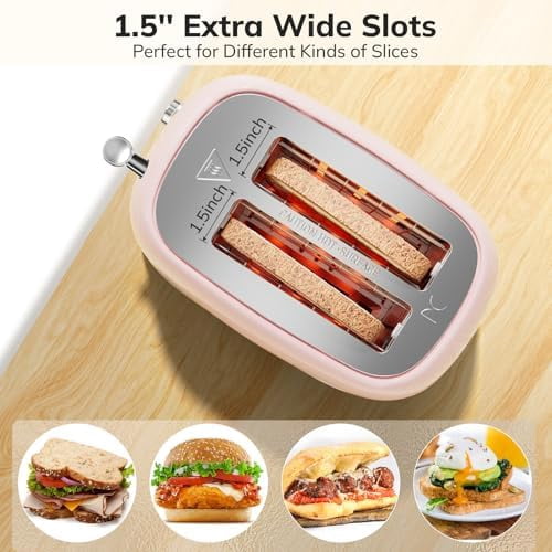 2 Slice Toaster Retro Stainless Steel with Bagel, Cancel, Defrost Function and 6 Bread Shade Settings Bread Toaster, Extra Wide Slot and Removable Crumb Tray (Pink)