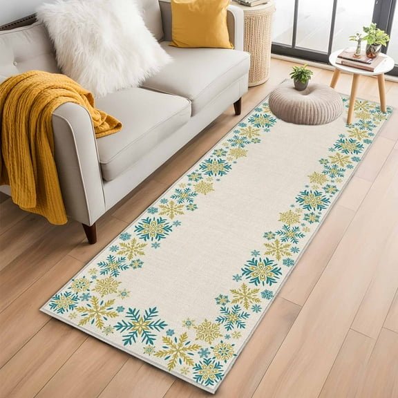 Christmas Kitchen Runner Rug 2x6 Washable Runners for Hallway Non Slip Yellow Snowflakes Xmas Retro Farmhouse Large Area Rug Indoor Floor Carpet for Bathroom Laundry Entryway Bedroom Living Room